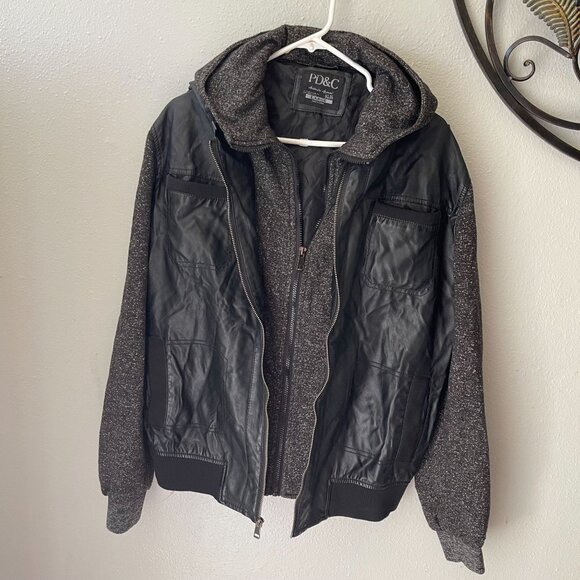 PD&C Mens Large Black Vegan Leather Jacket W/ Removable Hood & Knit Sleeves - Picture 6 of 16
